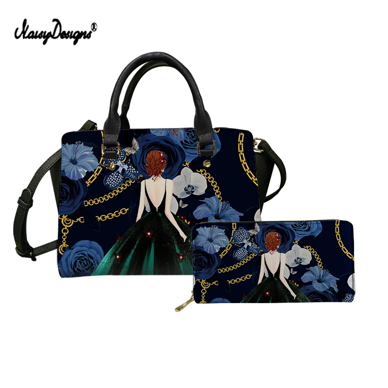 

NOISYDESIGNS Art Floral Anime Girl Dress Printing Lady Messenger Bag Fashion Leather Handbag 2Pcs/Set Long Wallet Bolsa Mujer