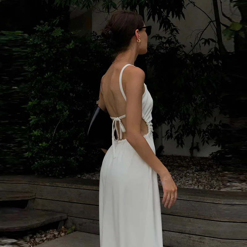 Ladies Summer Open Back Knit Sling Dress Drawstring Thin Straps Angled Neck Sexy Open Back Temperament Sling Dress