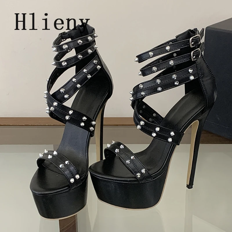 Фото Модные женские босоножки Hlieny на платформе с металлическими заклепками, ремешком на щиколотке, высоким каблуком, сексуальные, с узким ремешком, с открытым носком, для стриптиза и выпускного вечера №5