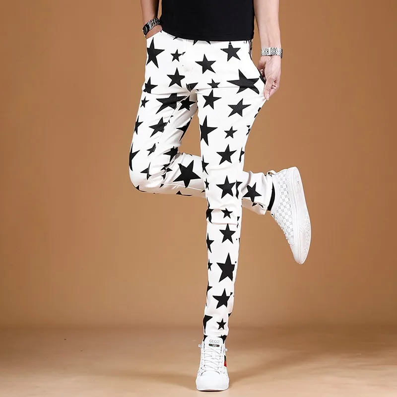 White Jeans Men Summer Fashion Stars Digital Printing Pants Streetwear Casual Straight Slim Fit Denim Trousers CP1633