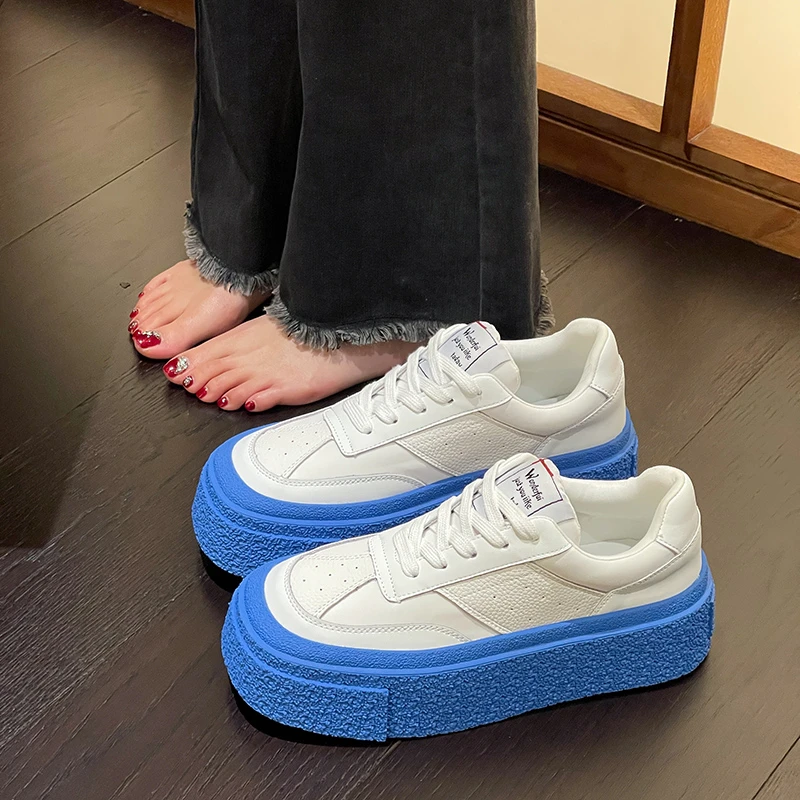 

Blue Shoelace Thick Bottom Women's Vulcanized Shoes Lace-up Fashion Young Style Flat Ladies Shoes Round Toe Casual Zapatos Mujer