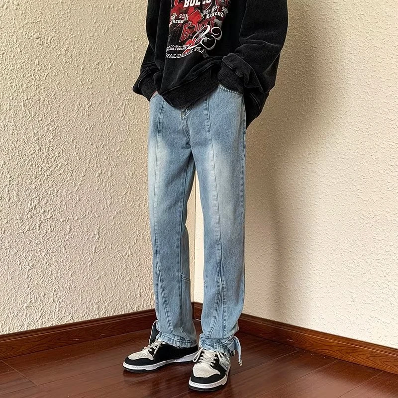 2023 Korean Fashion Ankle Zipper Vintage Brown Men Jeans Pants Luxury Straight Hip Hop Casual Denim Trousers Pantalones Hombre