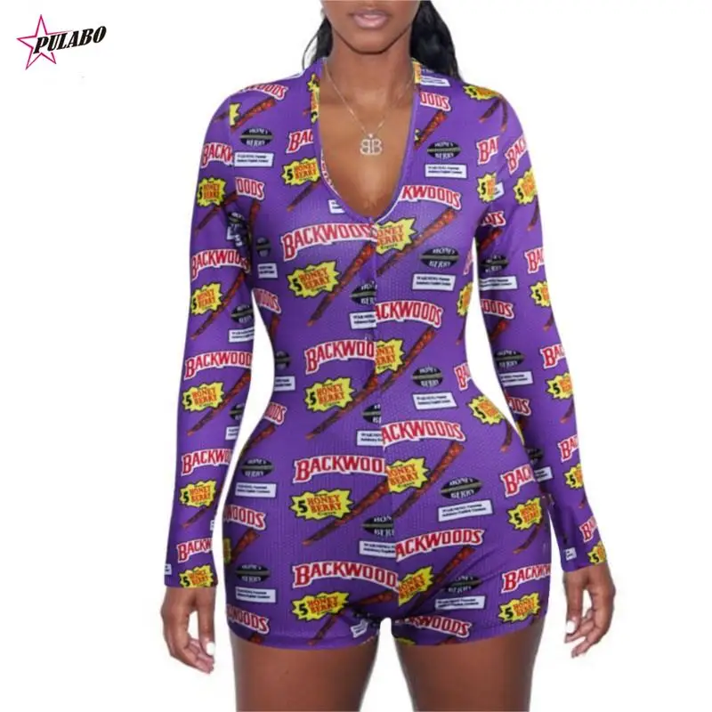 

Sexy Women Homewear Bodysuit Long Sleeve Button Deep V Neck Bodycon Stretch Slim Leotard Shorts Pajamas Print Skinny Overalls