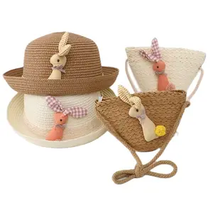 Cute Rabbit Straw Hat with Handbag Set For Baby Girl Sun Visor Bucket Hat Princess Children Summer Breathable Vacation Beach Cap