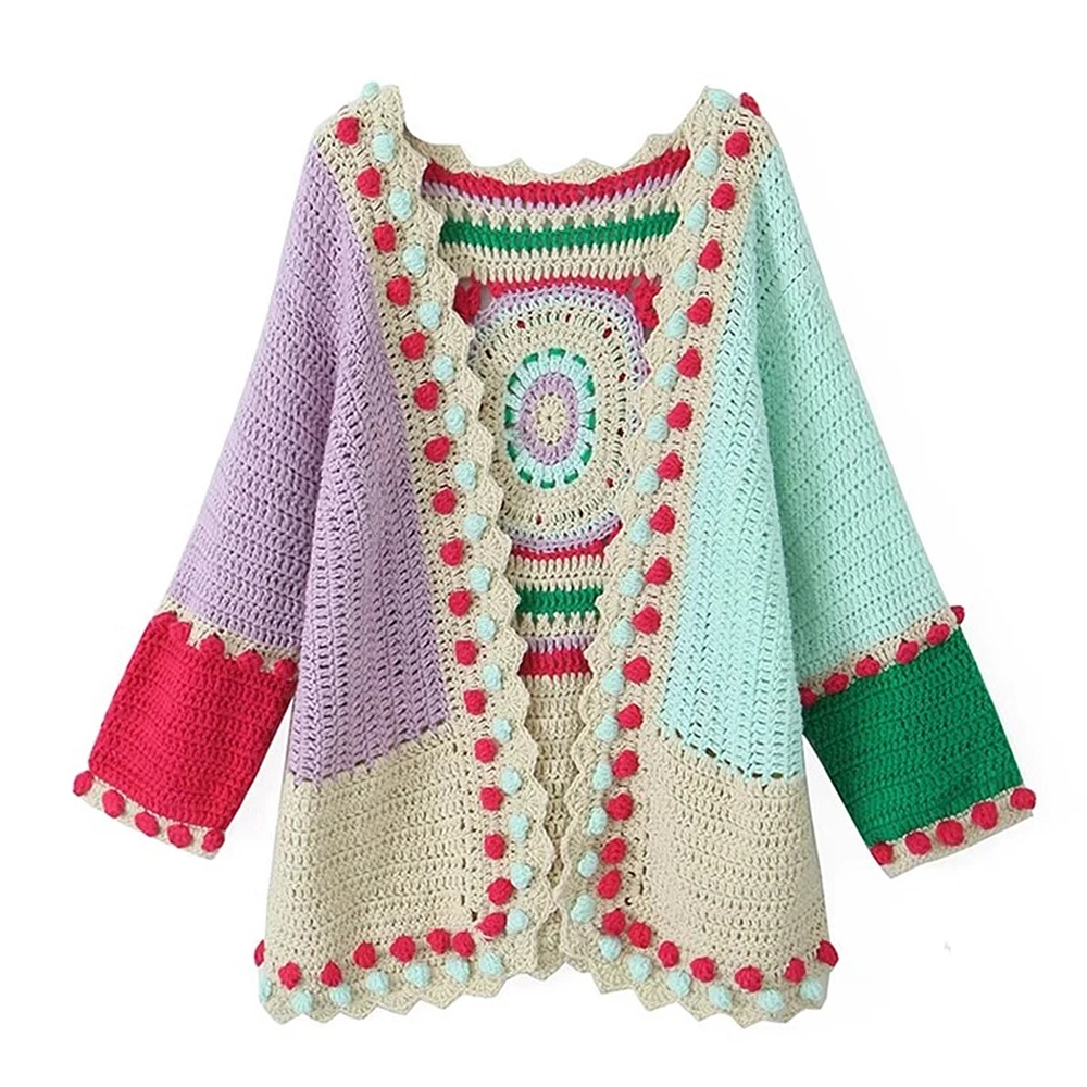 Женский винтажный свитер ручной работы вязаный крючком кардиган контрастных