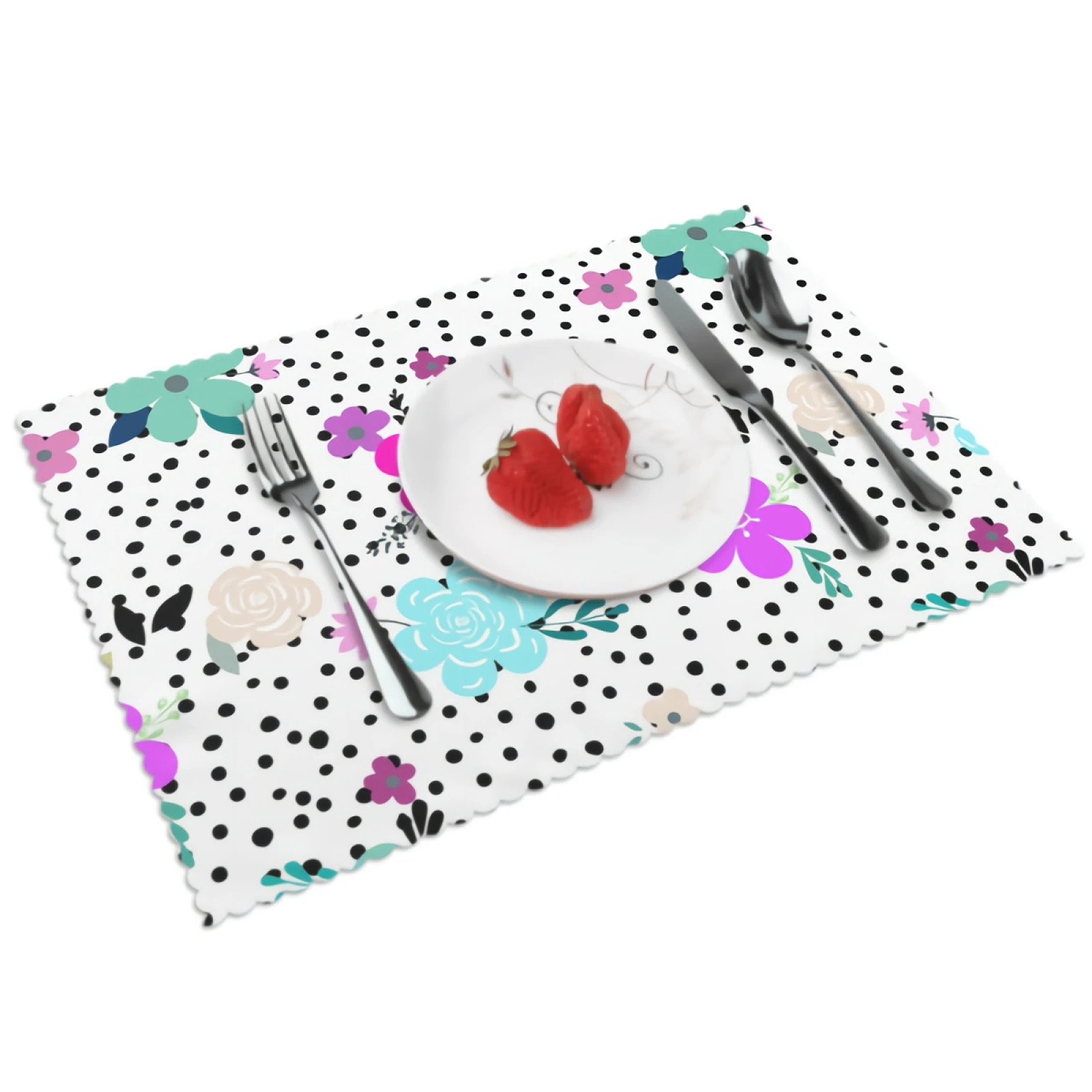 

Black Dots and Colorful Flowers Placemats Floral Placemat Set of 4 Heat-Resisting Non Slip Table Mats Polyeste Place Mats