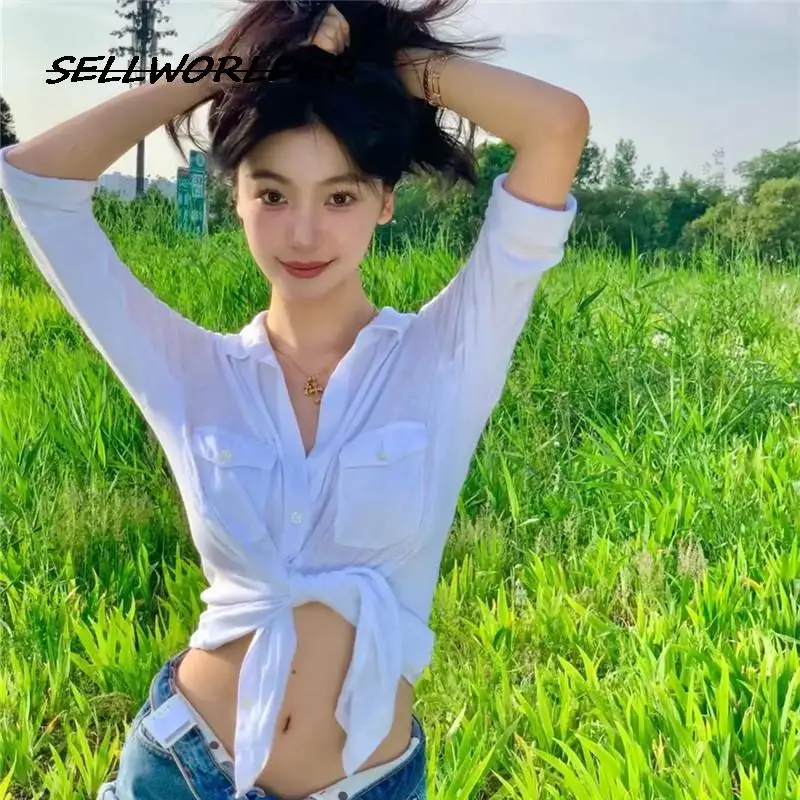

2023 Women Casual shirt Slim Long Sleeve short shirt Thin Sexy Girls top