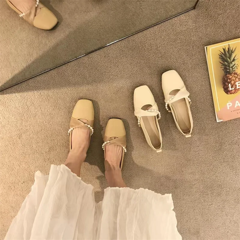 Dress Flats Women Square Toe Autumn Beading Moccasins New Summer Fa
