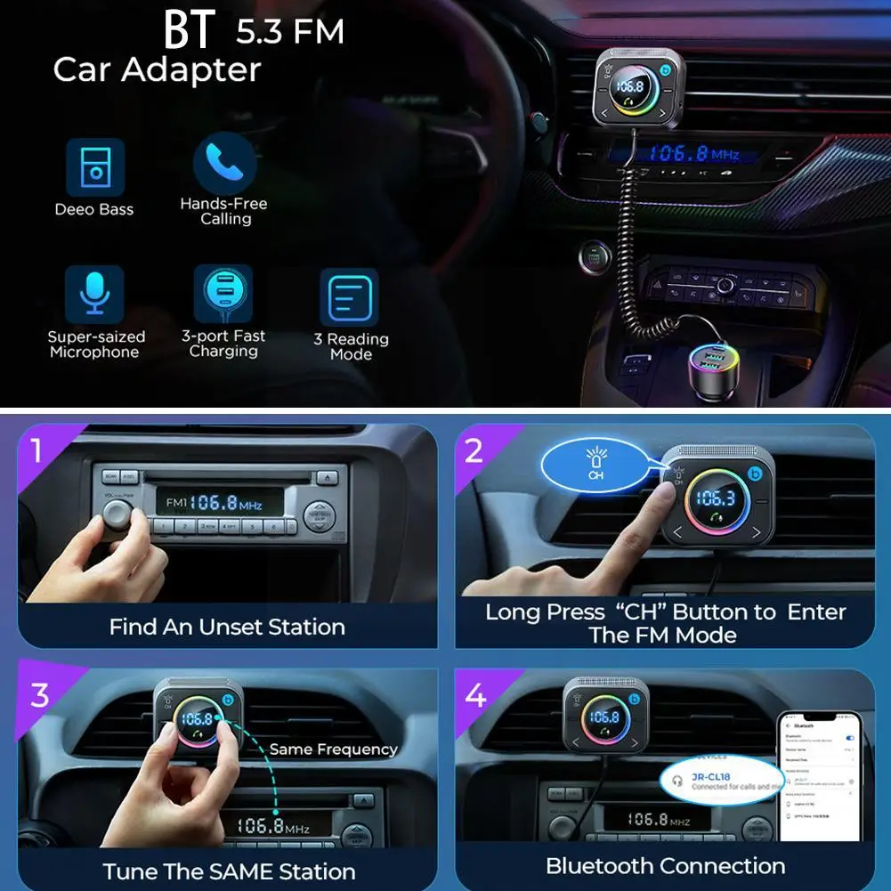 Bluetooth 5.3 FM/AUX Bluetooth Car Adapter 3Ports PD Transmitter Kit Charger Fast 18W Wireless Car Hands-Free QC Car 30W Ca O5A4 images - 6