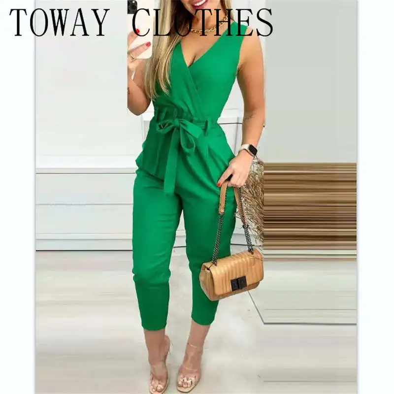 

Women Sleeveless Summer Rompers V Neck Pocket Detail Belted Wrap Jumpsuit Party Overalls Loose OL Work Playsuits