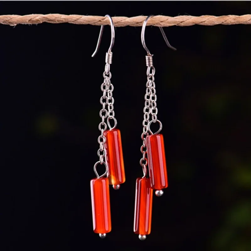 

Natural Red Chalcedony Hand Carved Festive Long Earrings Fashion Boutique Jewelry Women's Red Agate Earrings