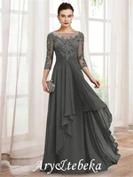 a line mother of the bride dress elegant jewel neck floor length chiffon lace 34 length sleeve with ruffles appliques