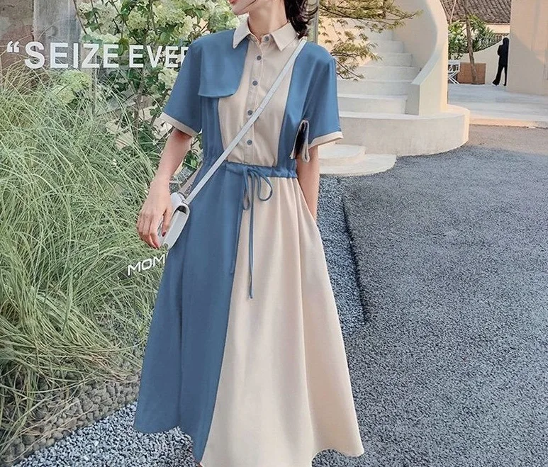 

Light Mature Style Retro Temperament Tea Break Dress Women's Dress Summer Splice Shirt Dress Women's 2023 New Waist Slim Dresses