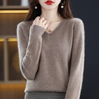 womens pure wool sweater spring autumn v neck soft waxy warm pullover long sleeve loose slim fit versatile fashion knit sweater