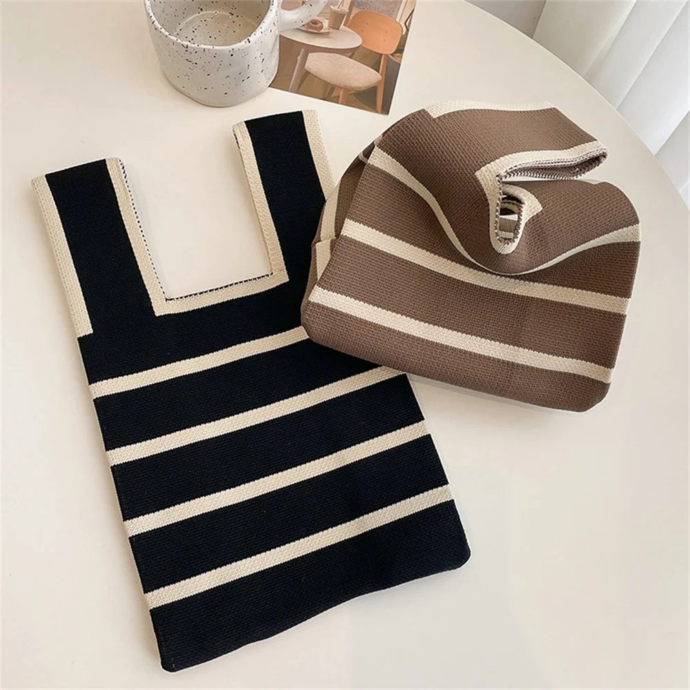 Japanese Korean Handmade Knit Handbag Women Mini Knot Wrist Bag Casual Color Wide Stripe Tote Bag Student Reusable Shopping Bags