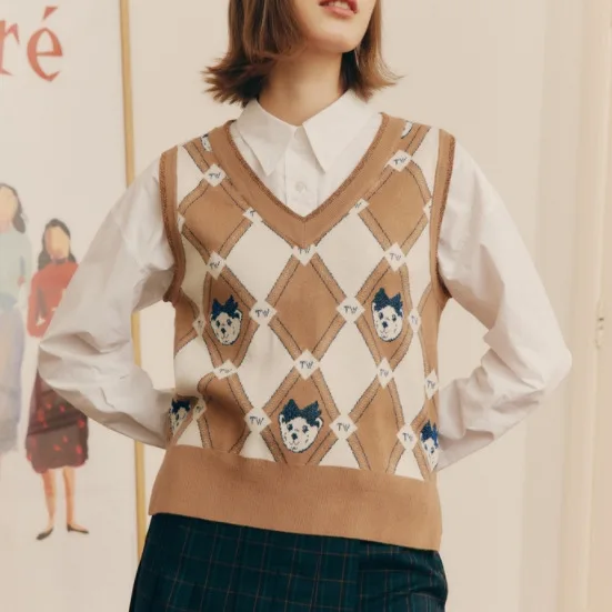 

Preppy Style Khaki Plaid Knit Women Pullovers Vest Elastic Fabric Loose Casual Student Y2k Top Plus Size Sweaters