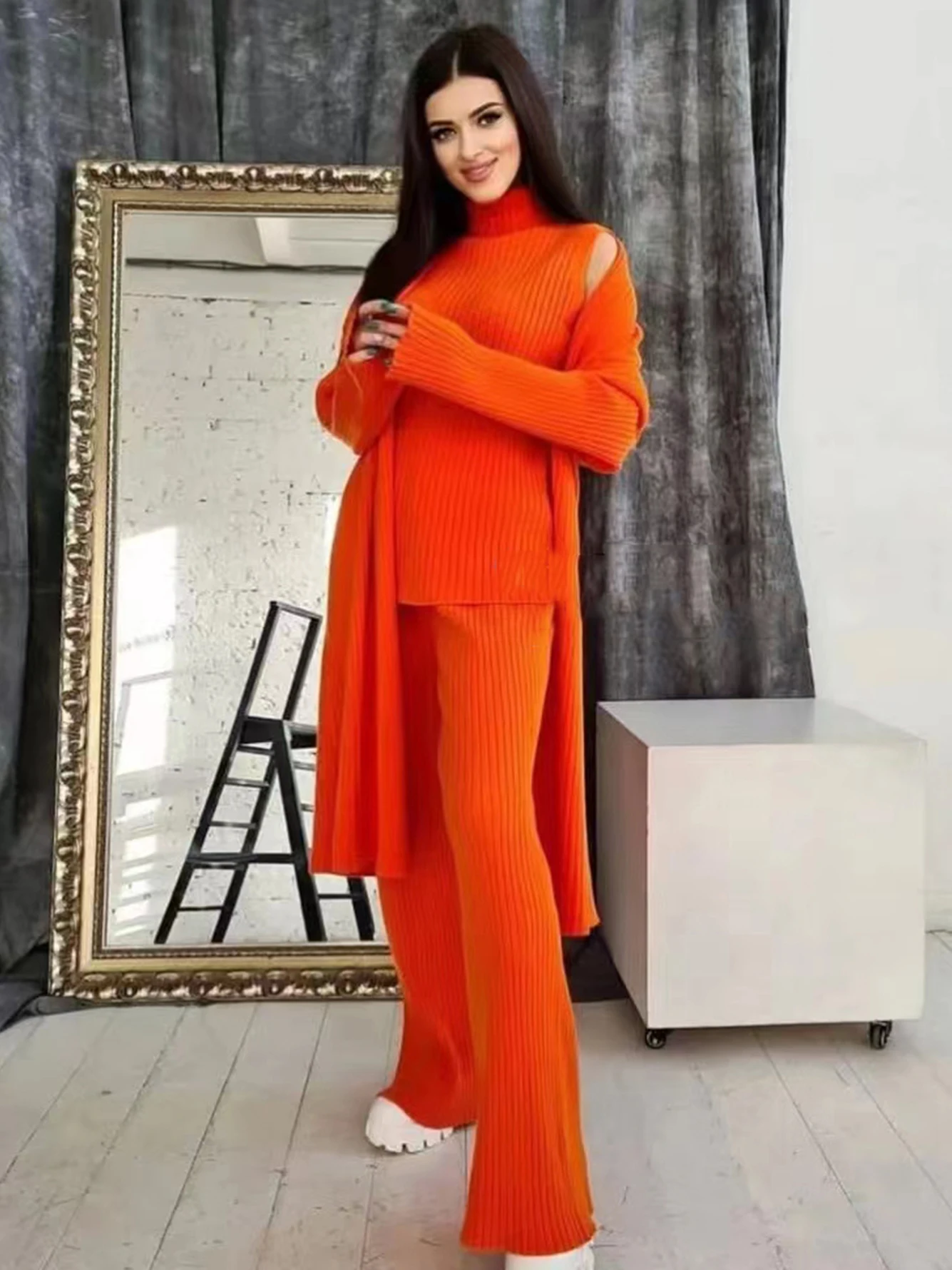 Женский трикотажный Комплект из 3-х предметов длинный кардиган пуловер без