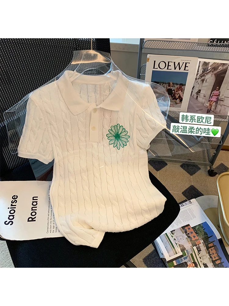 

Women's Polo T-Shirts Y2k White Tee Top Harajuku Fashion Korean Vintage Short Sleeve Embroidery Top T Shirts 2000s Summer 2023