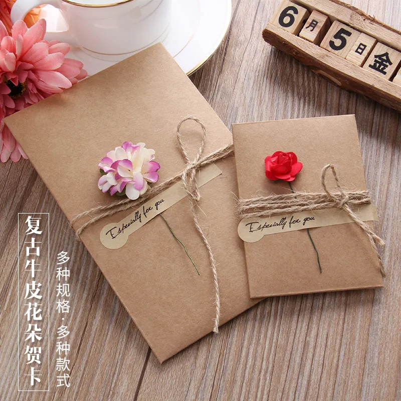 

8pcs Vintage Handmade Dry Flower DIY Kraft Paper Invitation Greeting Card Inner Paper With Ribbon Envelope Seals Wedding Favors