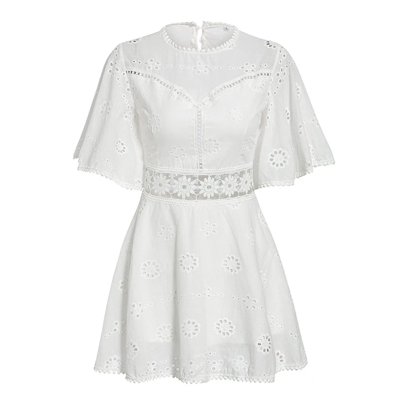 

Backless Cotton Lace Women Half Sleeve Beach Sexy Bohemian Mini Dress Laies Hollow Out O-neck Boho White Dresses