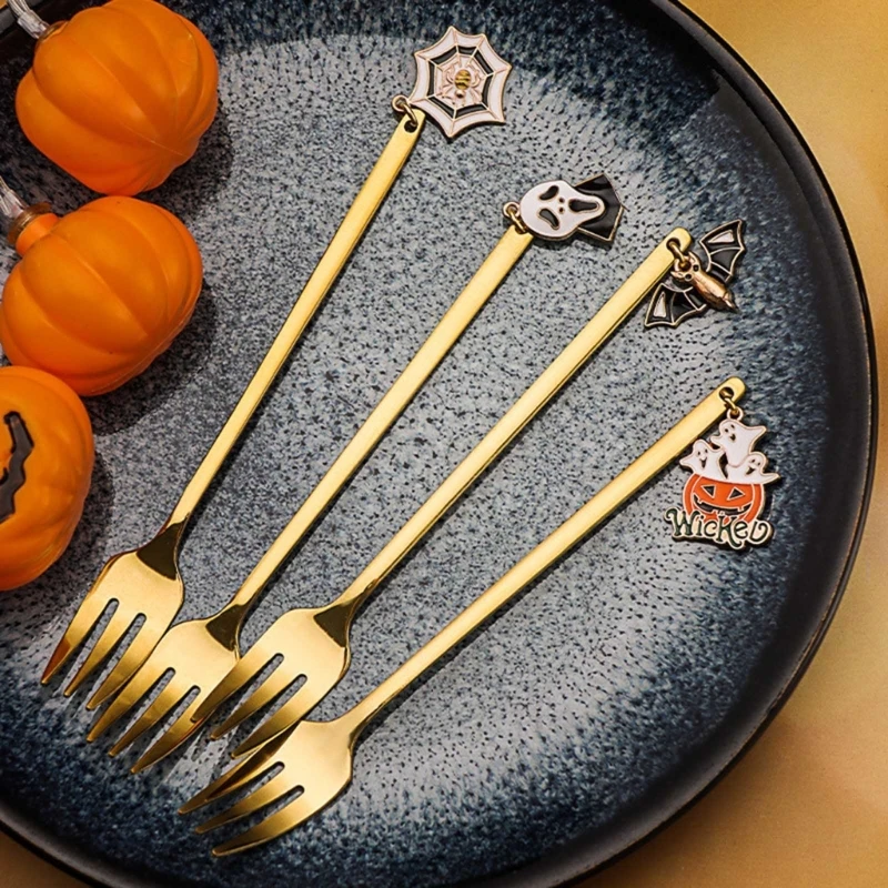 6Pcs Halloween Small Appetizer Forks Long Handle Stirring Spoons Dishwasher Safe Stainless Steel Dessert Coffee Flatware GXMA - купить по