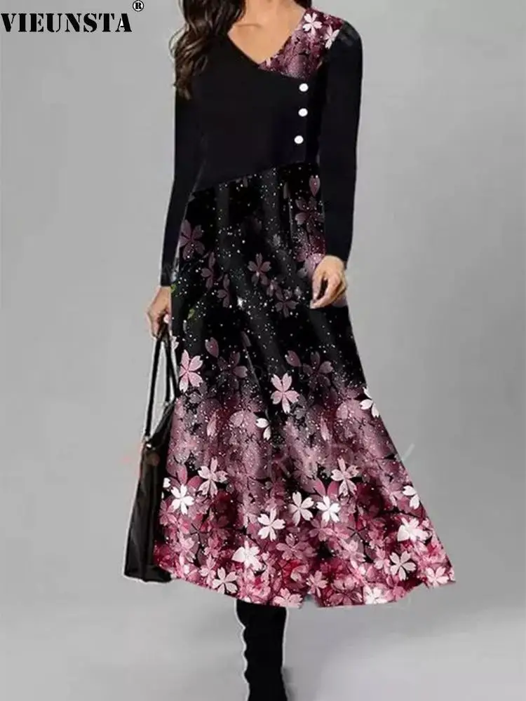 

Женское винтажное платье с цветочным принтом, демисезонное офисное платье с V-образным вырезом и пуговицами, длинное платье с длинным рукав...