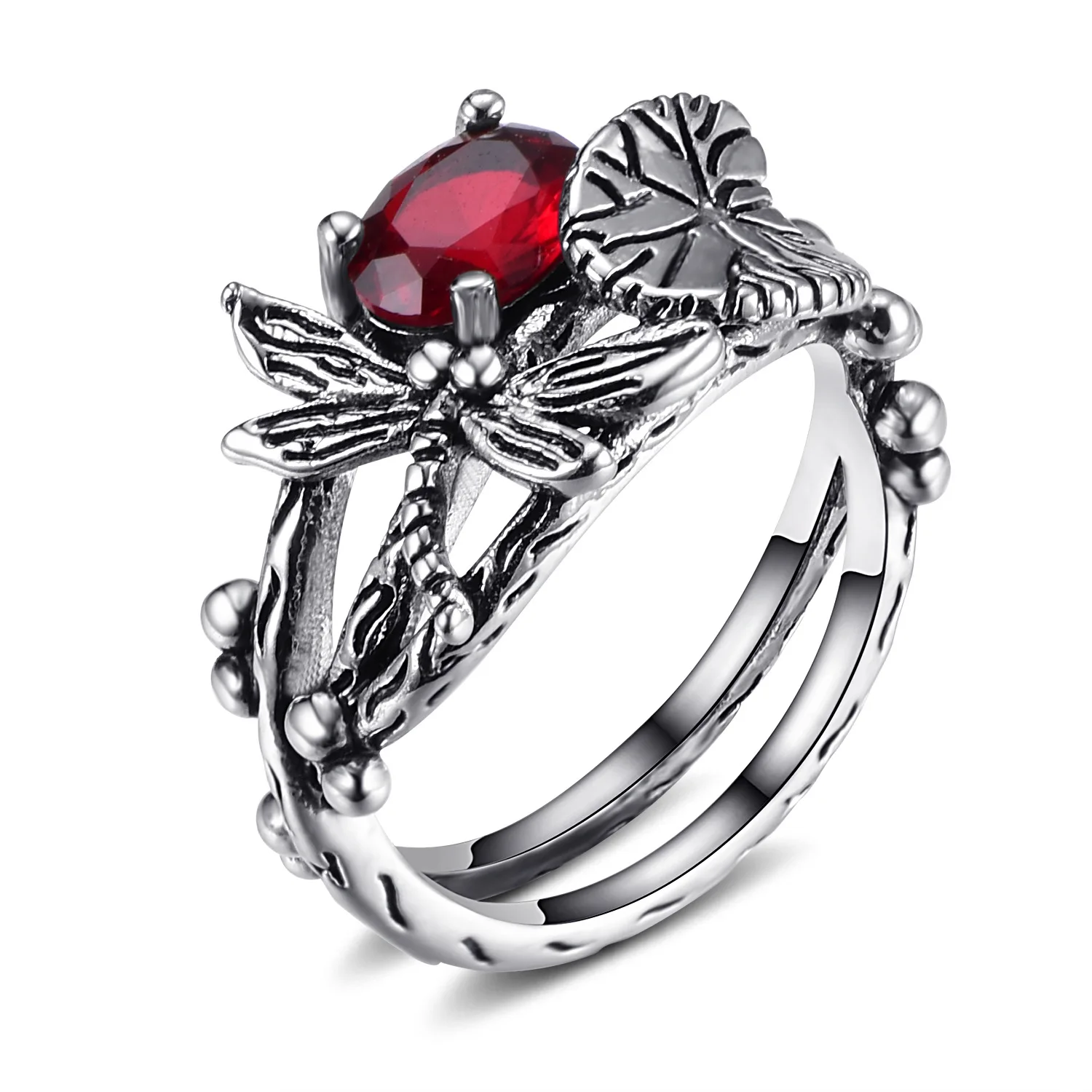 

Vintage 925 Thai Silver Set Topa Stone Ring for Women Gemstone Ring Dragonfly Lotus Ring