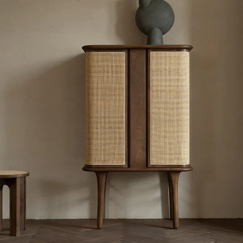 

Vintage Rattan Small Vertical Cabinet Storage Storage Household Sideboard Cabinet Solid Wood Wine Cabinet