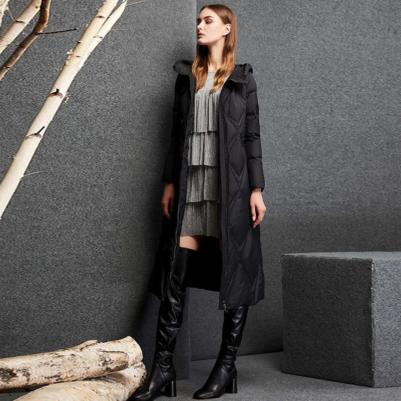90 White Duck Down Jacket Women Autumn Winter 2022 New Mid-Length Over-The-Knee Hooded Parkas Thick Warm Solid Color Coat Female