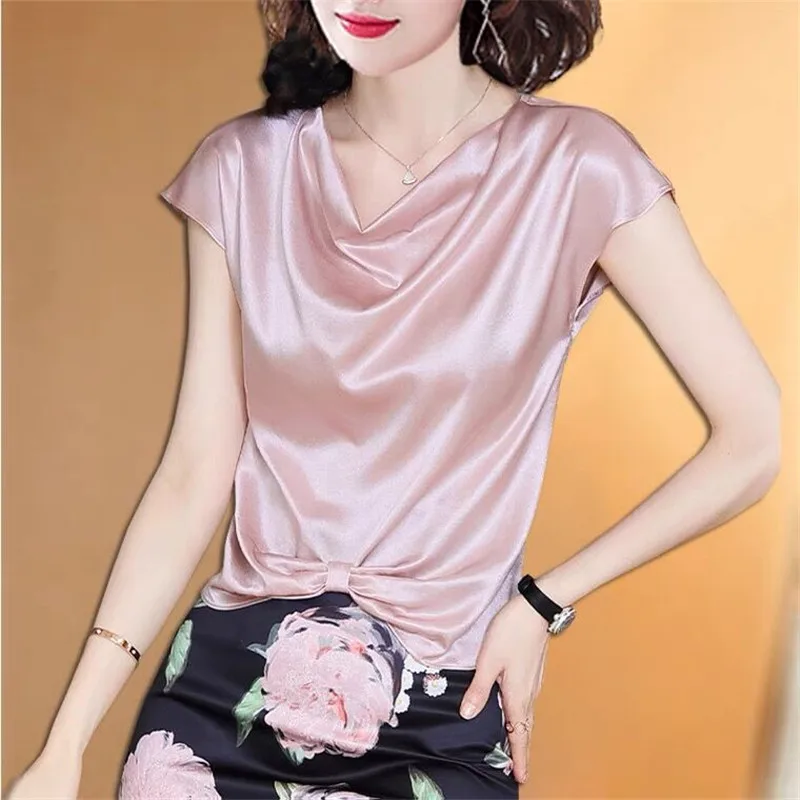 

Fashion Elegant Ladies Swing Neck Bow Asymmetric Pink Acetate Satin shirt Tops Luxurious Vintage Versatile Ice Silk blouse
