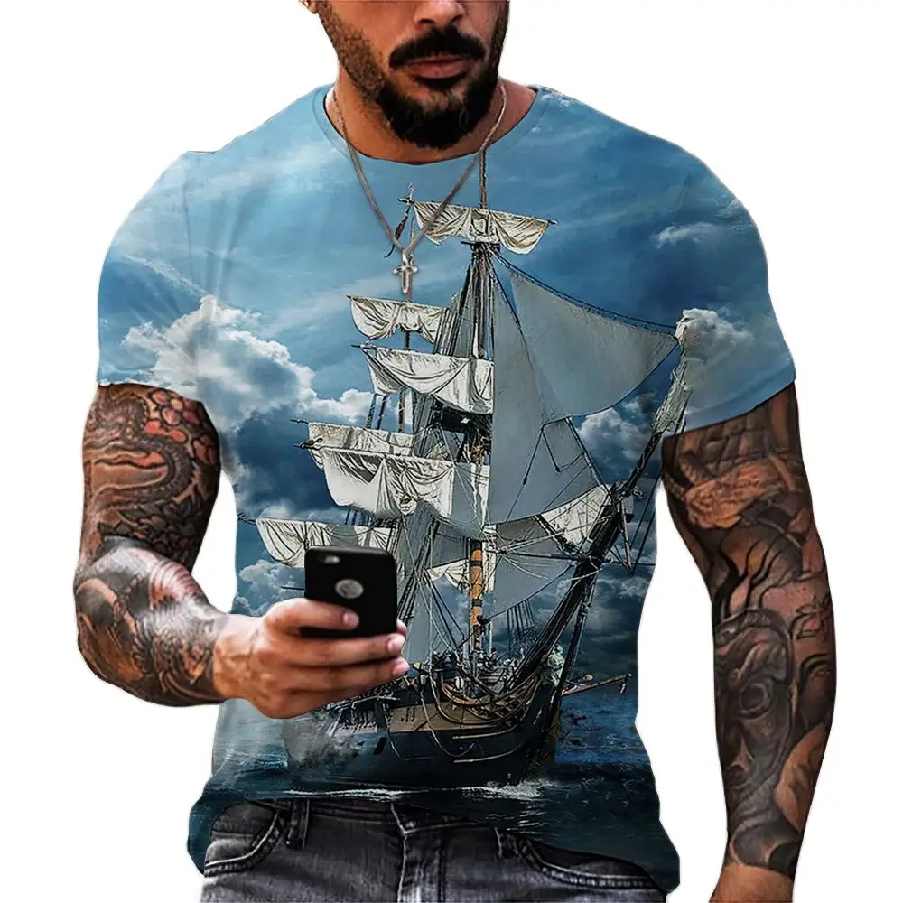 

Vintage Ship 3D Print T Shirts For Men Summer Crew Neck Loose Short Sleeve Tees Casual Male Tops Oversized T-shirts Men Clothing