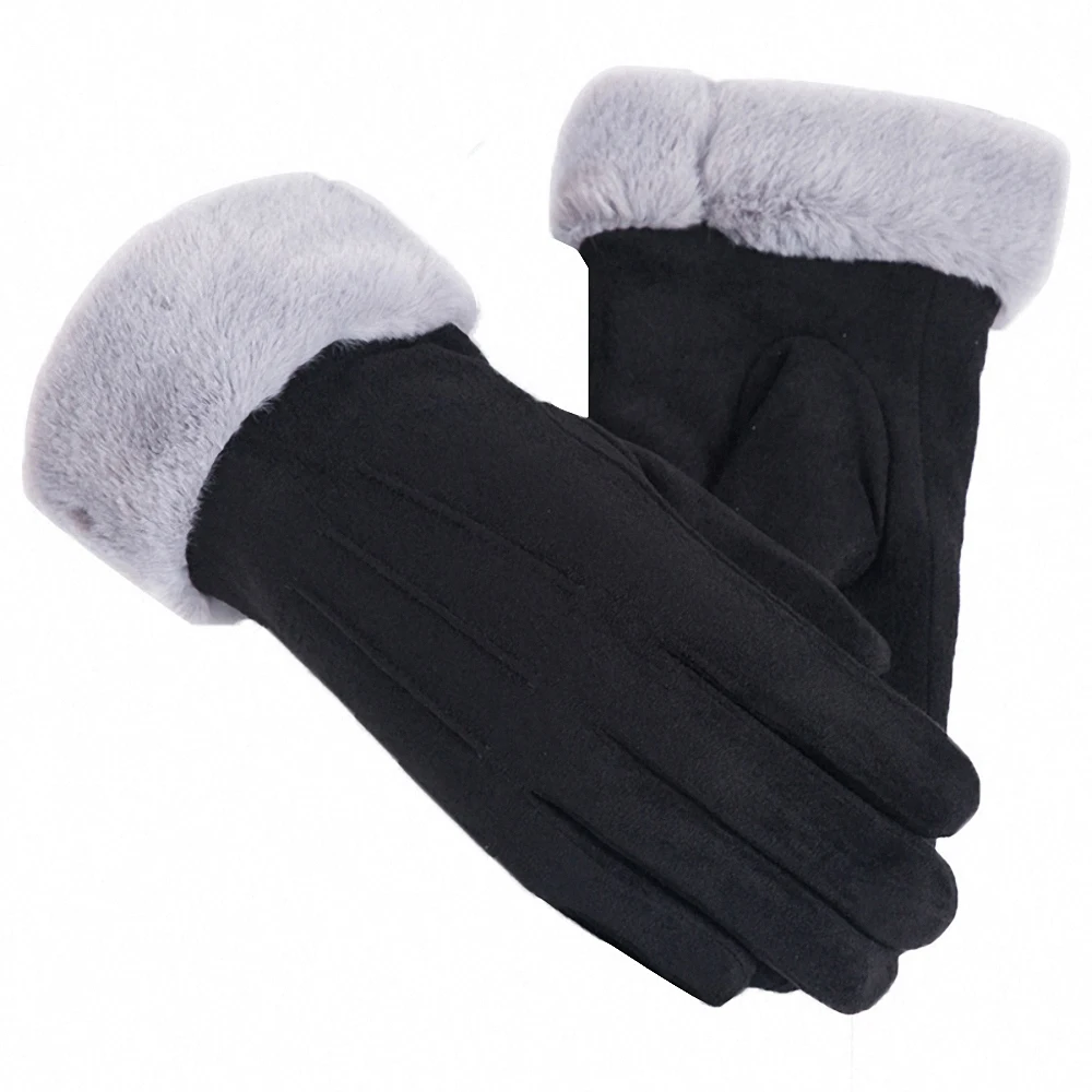 

Women Faux Fur Cuff Mitten Outdoor Riding Skiing Ladies Gloves Winter Warm Gloves Faux Suede Thicken Screen Sense Gloves Fashion