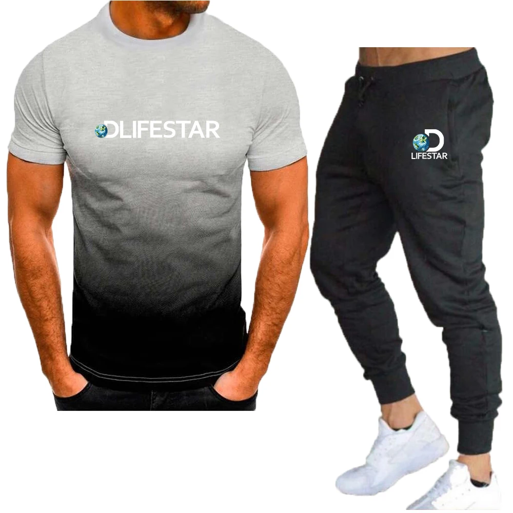New Brand LIFESTAR 2023 Summer Casual Tracksuit Men's T-Shirt + Pants Suit Short Sleeve Printed Jogging Male Sportswear Set