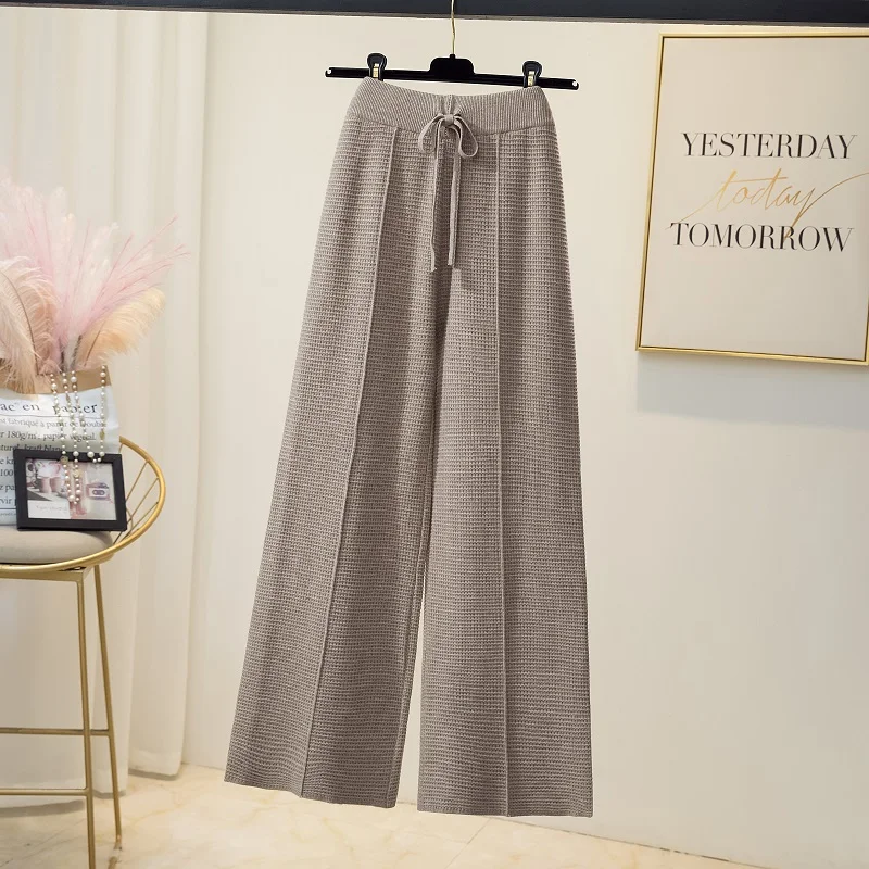 

New waffle check Knitted Wide Leg Pants Women Autumn Winter High Waist Drawstring Casual Loose Solid Sweatpant Fashion Trousers