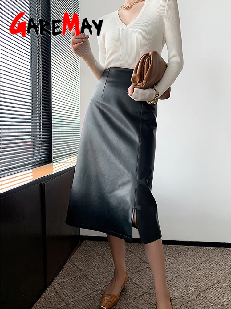 Autumn Winter Women's Leather Skirt with Side Slit A-line Vintage Long Midi High Waist Pu Faux Pencil | Женская одежда