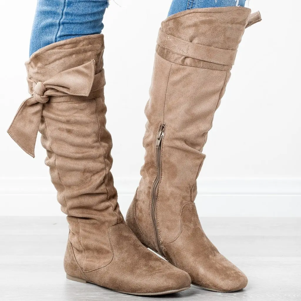 

New Fashion Women Boots Autumn Winter Ladies Bow Round Head Flat Heel Zapatos De Boots Female Boots Casual Botas Mujer
