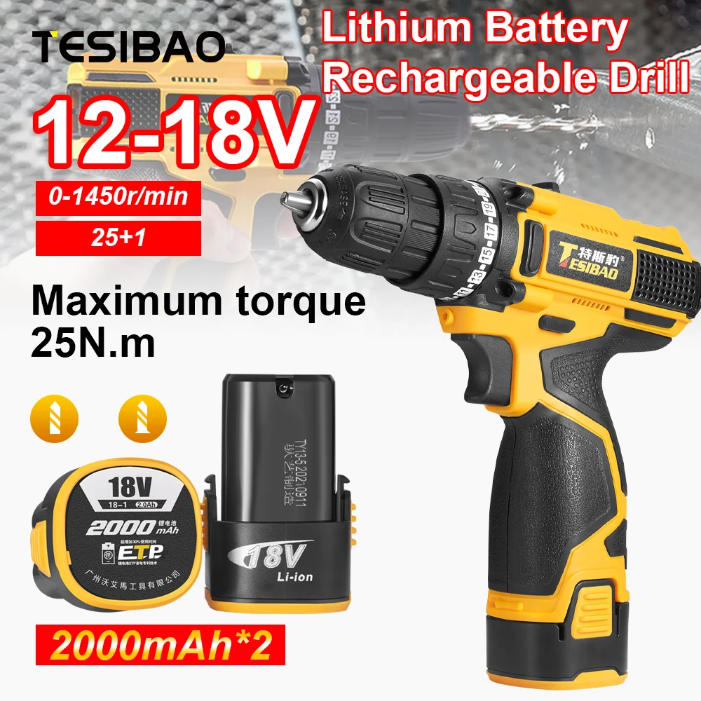 

12V 18V Wireless Drill Compact Rechargeable Electric Cordless Screwdriver Power Tools Set with 2 Lithium Battery by Tesibao