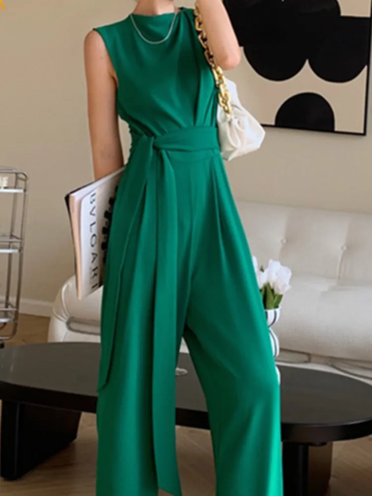 New Women Summer Fashion Casual Lace Up Jumpsuits Female Sleeveless Elegant Wide Leg Rompers Office Ladies Slim Loose Overalls