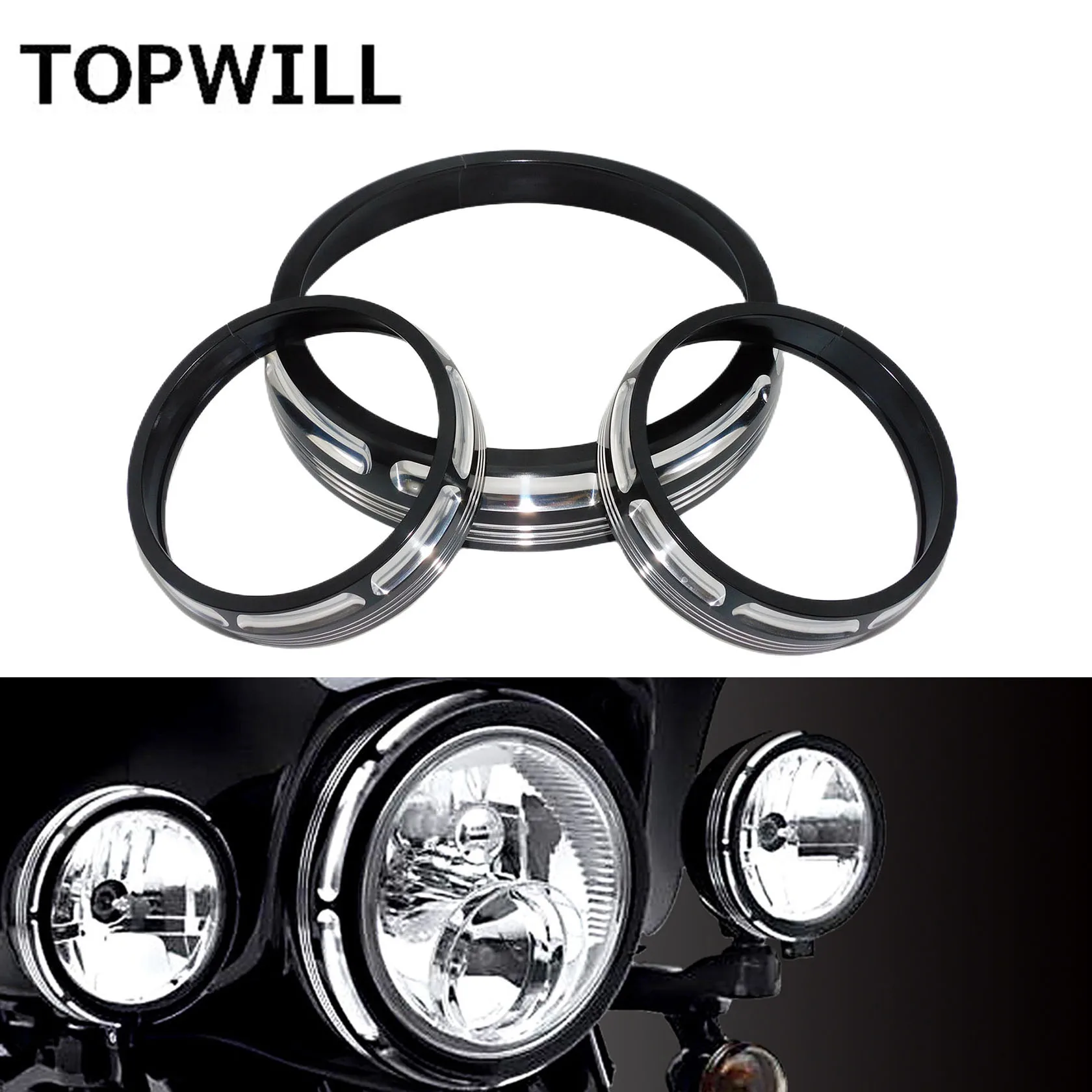 

Motorcycle 7" Headlamp Trim Ring 4 1/2" Auxiliary Lighting Headlight Cover For Harley Touring Road King Street Electra 1996-Up