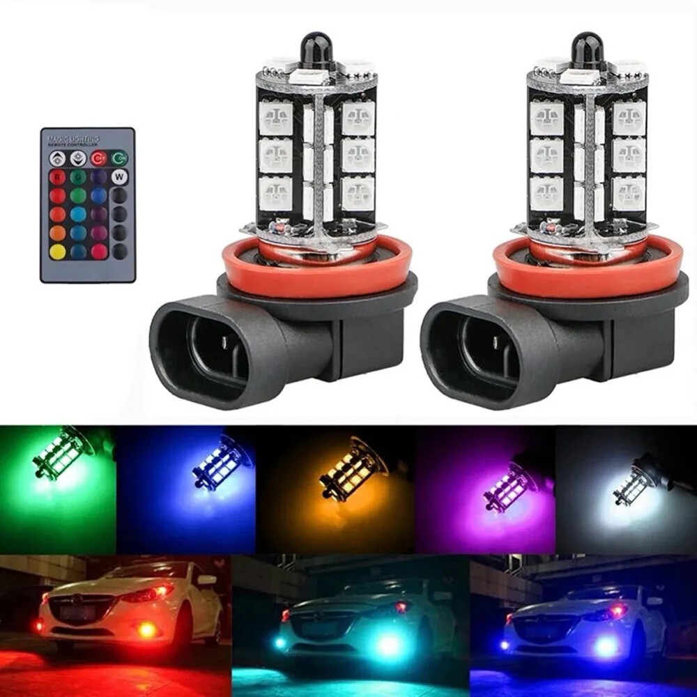 Фото 2x RGB H11 H9 H8 5050 27SMD Автомобильные фары Противотуманные фары Светодиодная лампа с дистанционным управлением №1