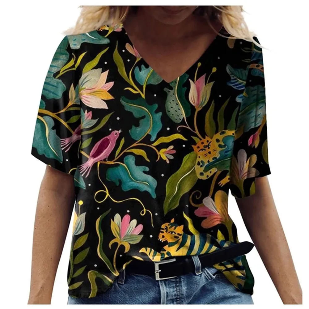

Elegant Floral And Plant Printed T-shirt Women's V-neck Short Sleeved Summer Tops Female Slim Fit Ladies Short Sleeve Tees 8XL