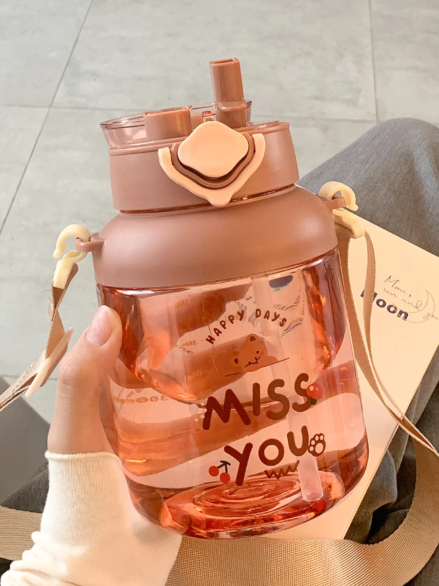 

Simple Solid Color Transparent Large-capacity Water Bottle Straw Portable Strap Plastic Cup Camping Travel Tea Bottle Gift Girl