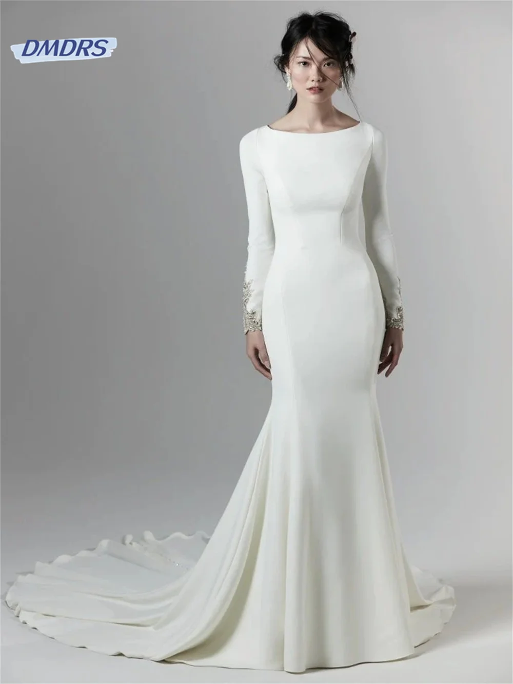 

Classic Appliques Mermaid Wedding Dress Elegant O-neck Long Sleeve Bridal Gown Simple Vestidos De Novia