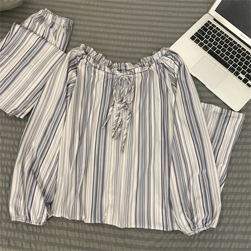 CAIYIER 2023 Winter Women Stripe Print Nightwear Longer Coat Trousers Sleepwear Loose Two Piece Set Pyjamas Korean Girl Homewear