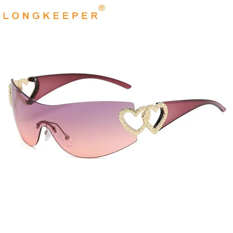 

Longkeeper Rimless Y2K Vintage Punk One Piece Sunglasses Women 2023 Luxury Fashion Heart Sun Glasses 2000's Wrap Around Uv400