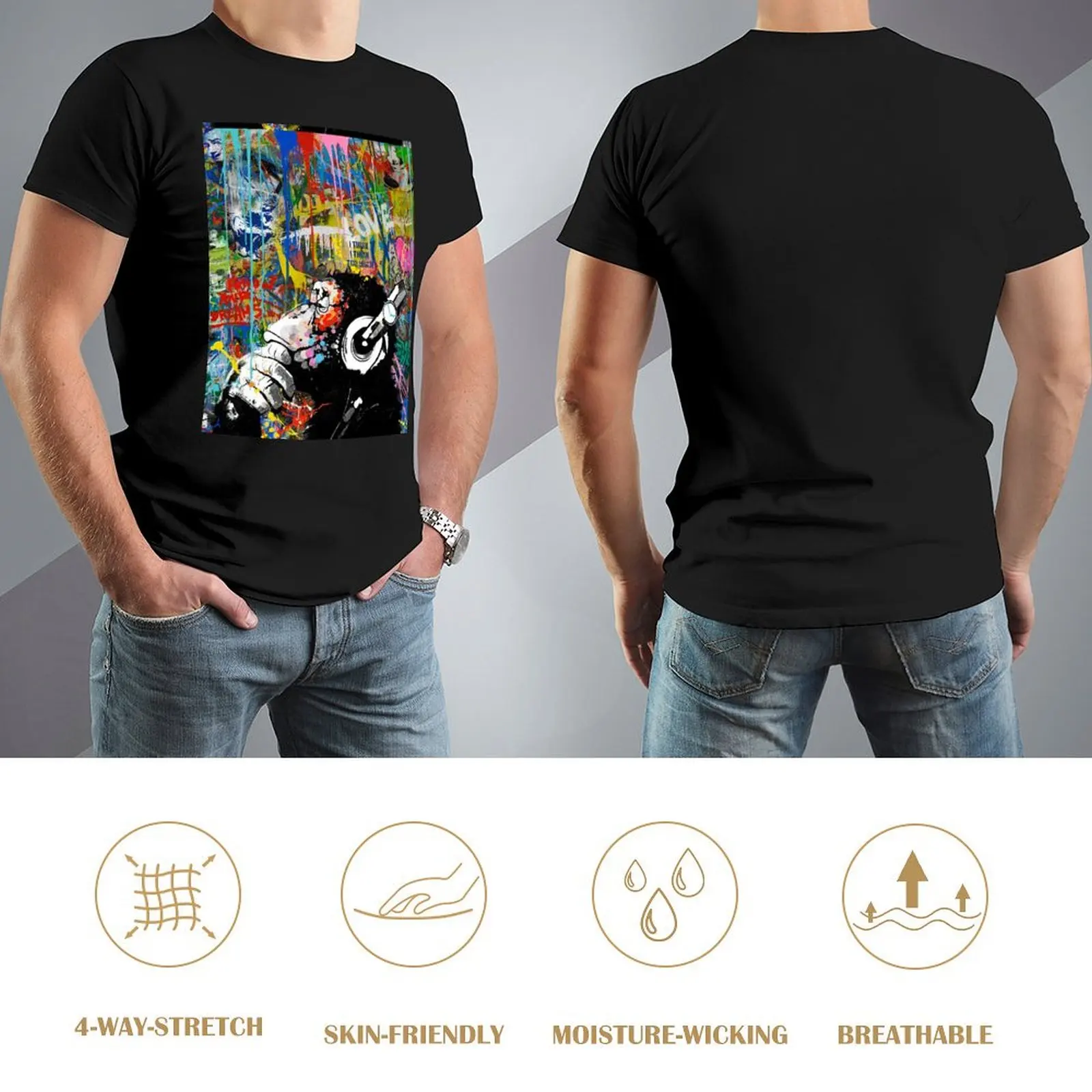 Обезьянный мыслитель - Бэнкси Красочное уличное искусство Футболка DJ Chimp