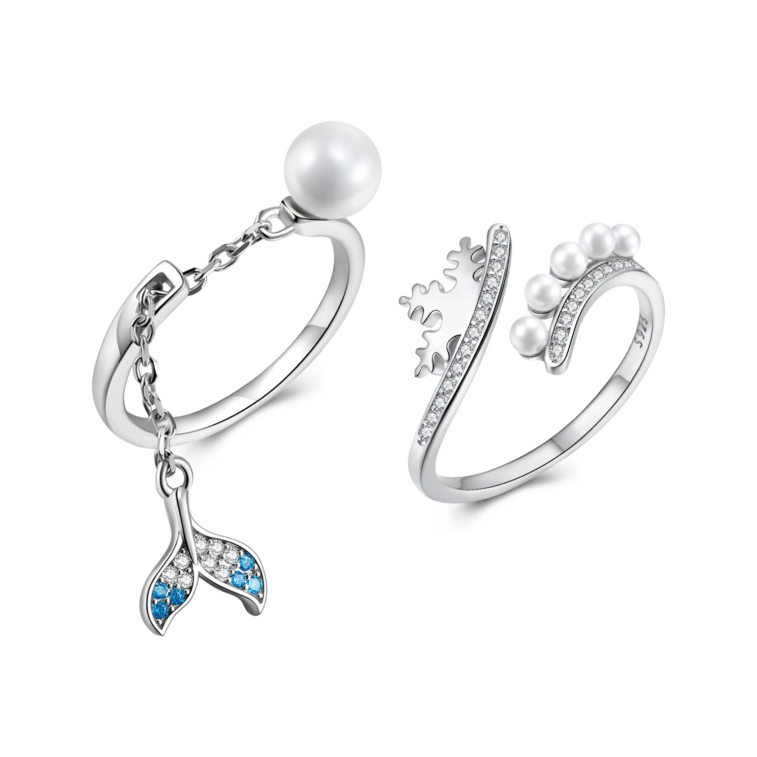 

Mermaid Ring 925 Sterling Silver Blue Ocean Snowflake Crown Pearl Ring Shiny CZ Adjustable Open Finger Ring Women Gifts