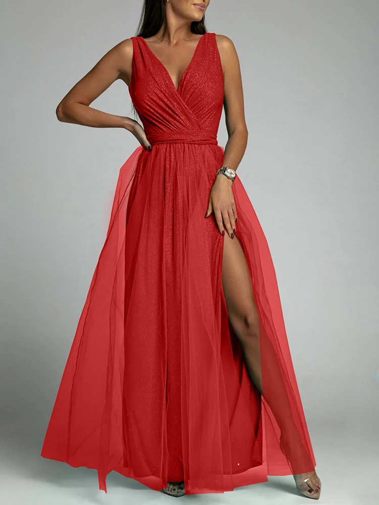 Летнее шикарное Тюлевое газовое платье без рукавов Сексуальное Женское Платье