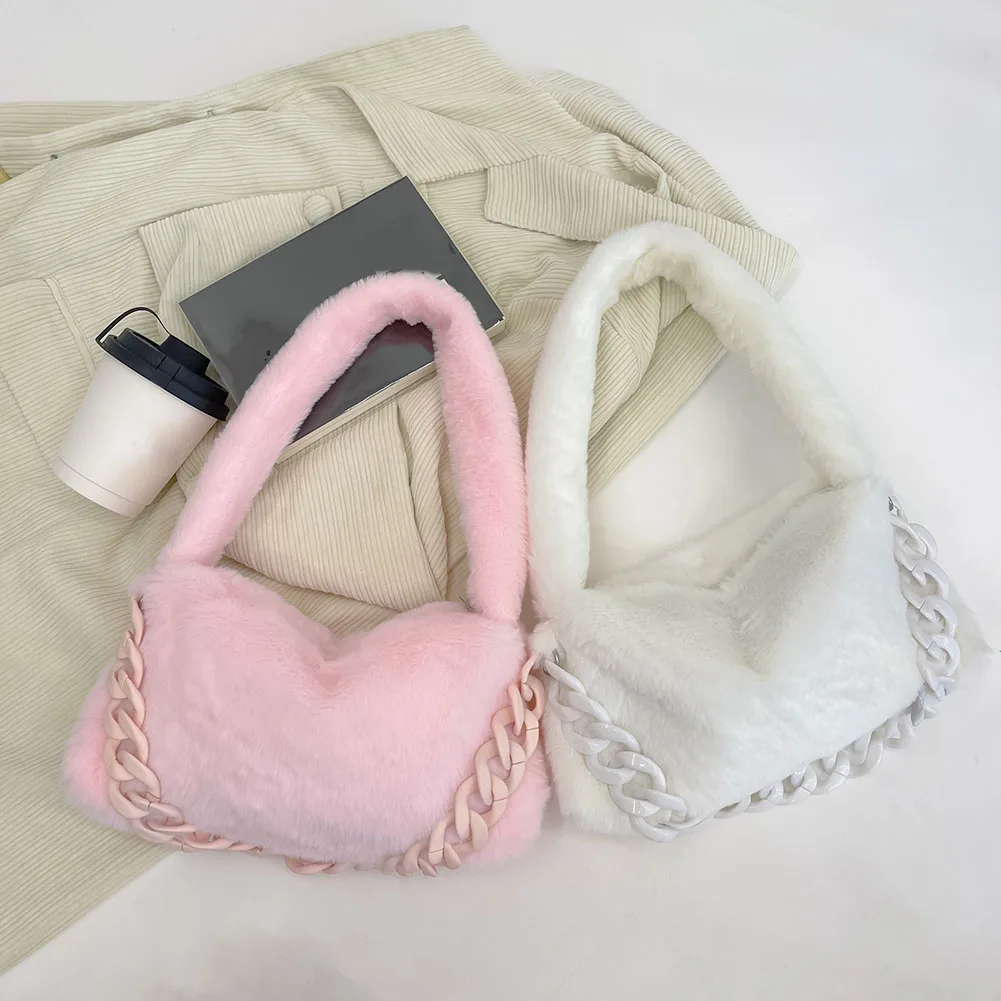 

Мягкая пушистая плюшевая сумка, женская зимняя сумка-тоут из искусственного меха на толстой цепочке 2022 дюймов, роскошные дизайнерские женс...