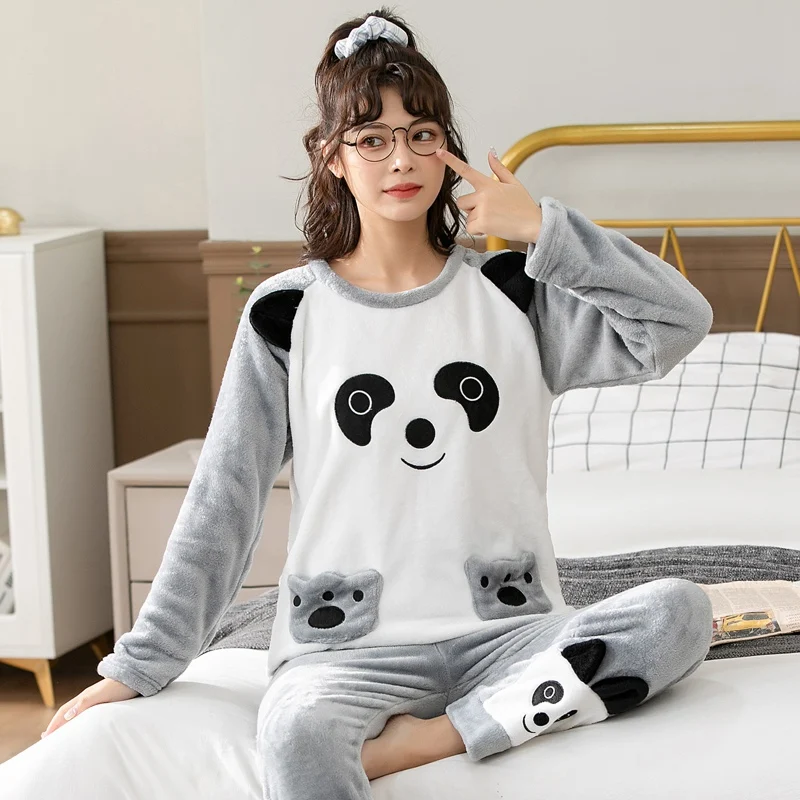 2022 Winter Long Sleeve Couple Thick Warm Flannel Pajama Sets for Men Cute Cartoon Sleepwear Pyjamas Women Homewear Home Clothes